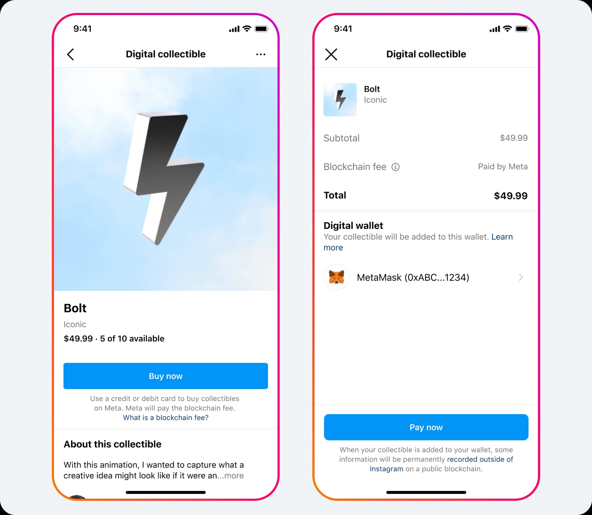 NFT wallet connection interface on Instagram MVP