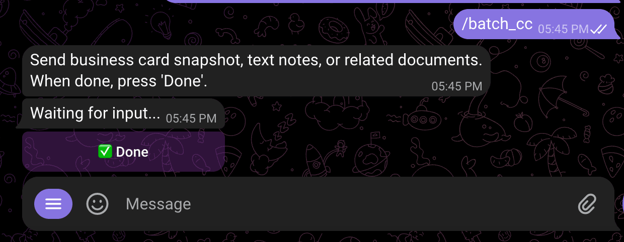 User submitting a new business contact through a Telegram-like interface