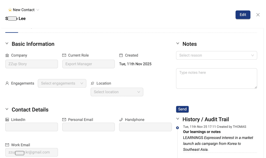 CRM interface showing newly created lead with contextual notes